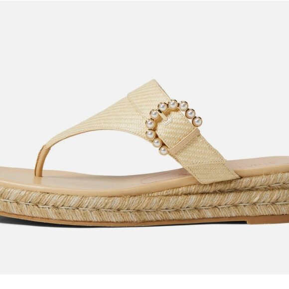Stuart Weitzman Metallic Pearly-Buckle Thong Espadrille Sandals – Wheat 9 NWT - Picture 7 of 8